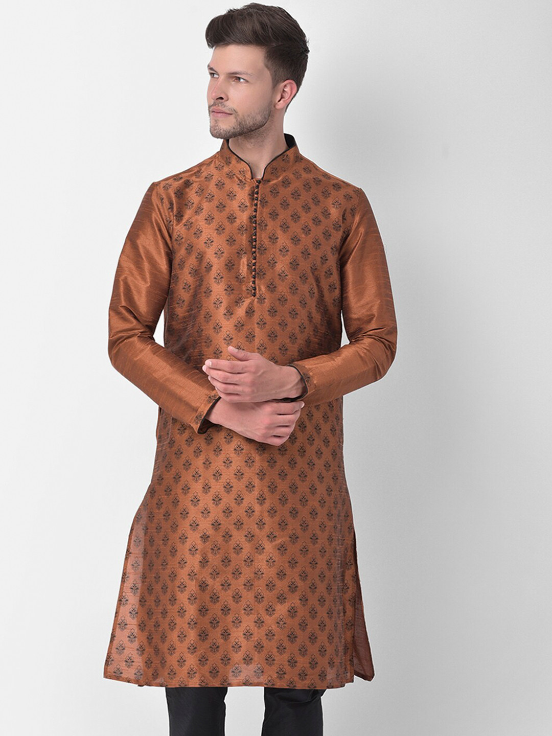 

DEYANN Men Copper-Toned Ethnic Motifs Regular Dupion Silk Kurta with Churidar