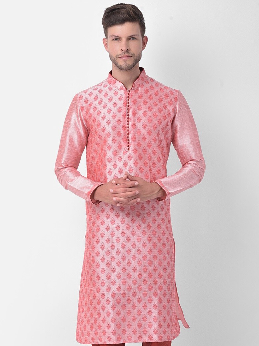 

DEYANN Men Peach-Coloured Regular Dupion Silk Kurta with Churidar