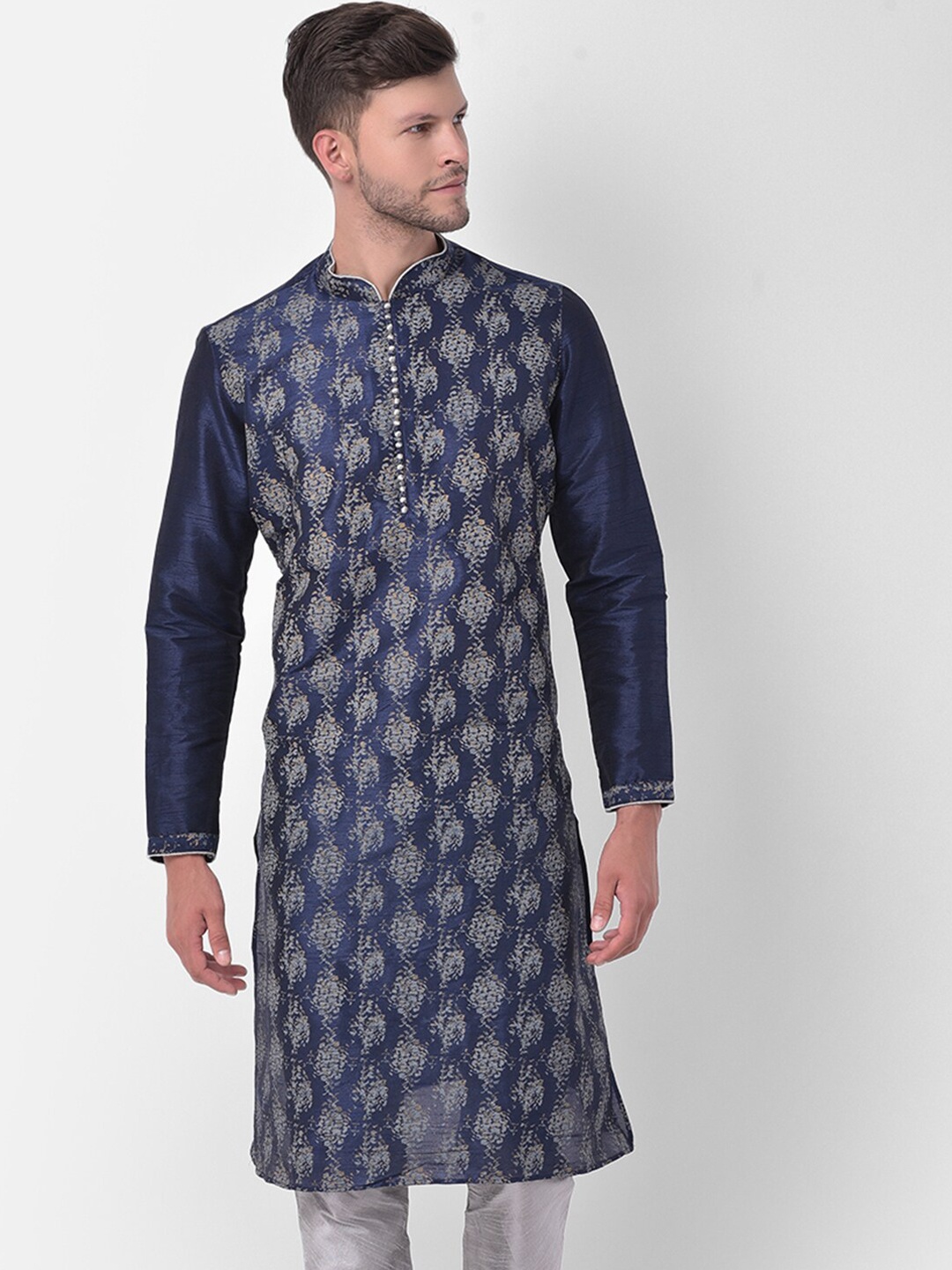 

DEYANN Men Navy Blue Printed Regular Dupion Silk Kurta with Churidar