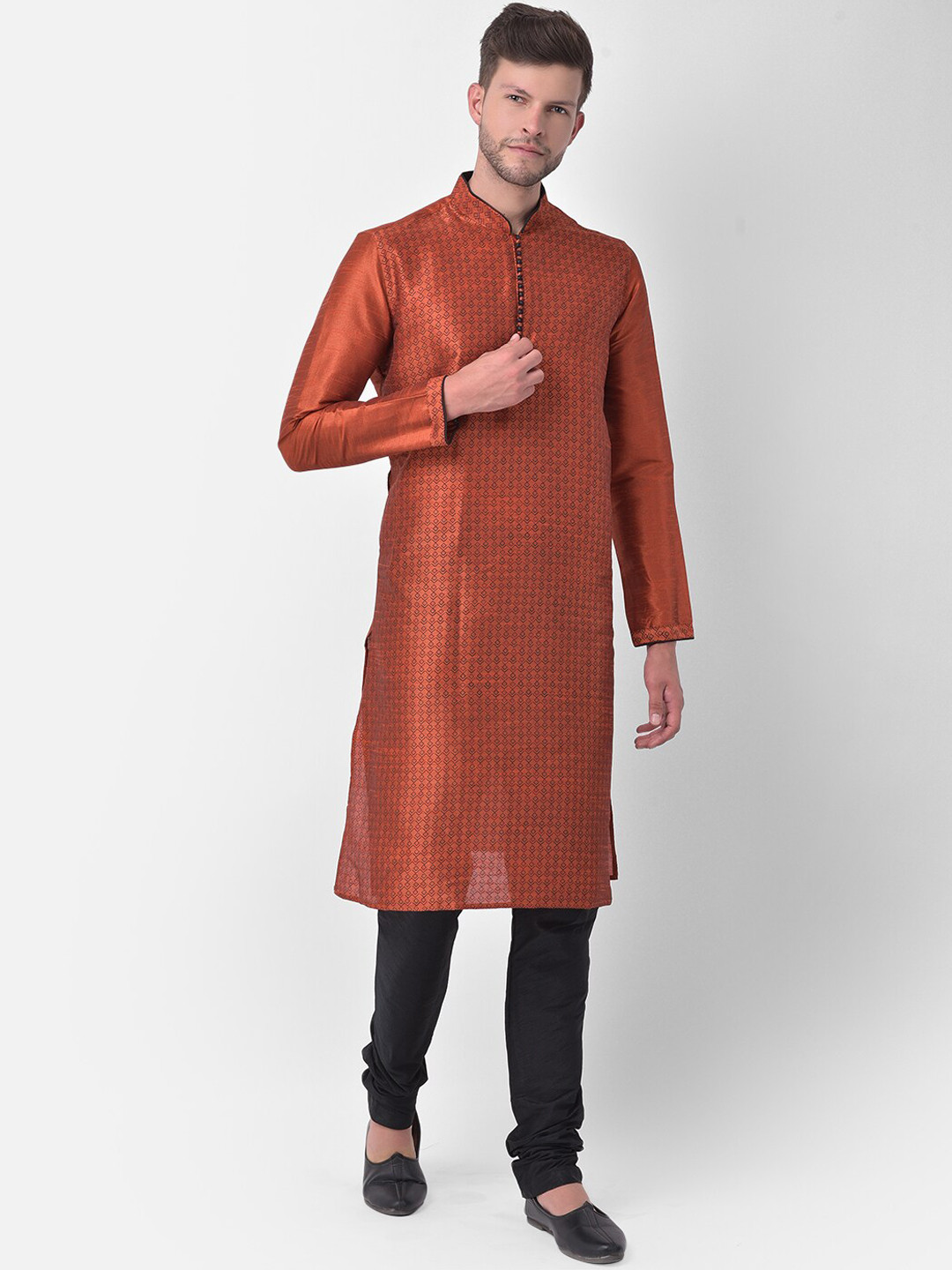 

DEYANN Men Rust & Black Ethnic Motifs Screen Print Regular Dupion Silk Kurta with Churidar