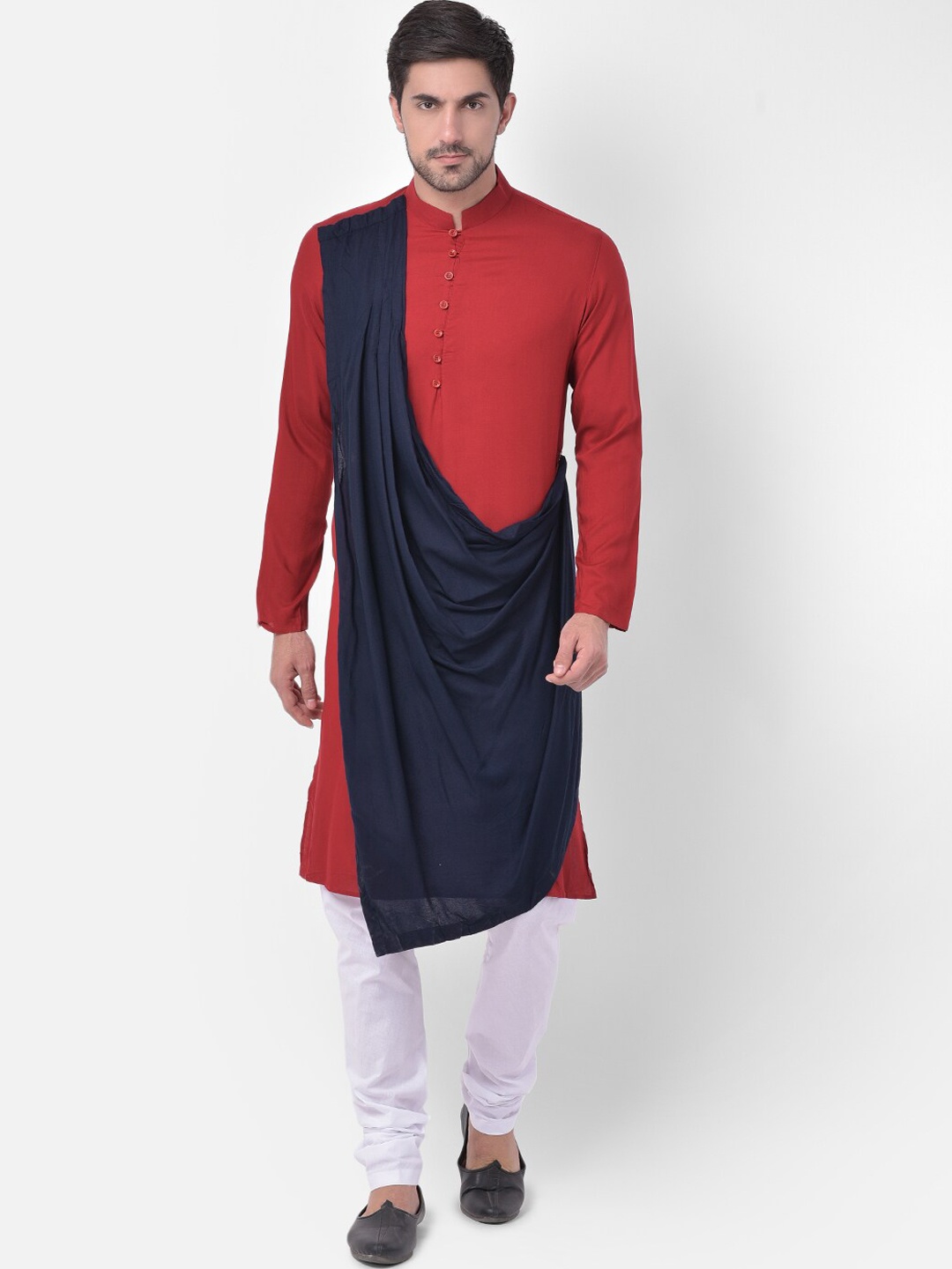 

DEYANN Men Red & Navy Blue Pleated Kurta with Churidar & With Dupatta