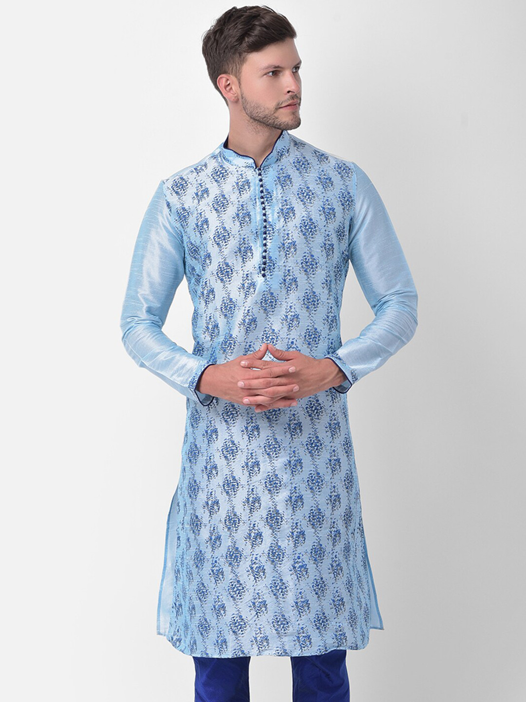 

DEYANN Men Blue Floral Printed Regular Dupion Silk Kurta with Churidar