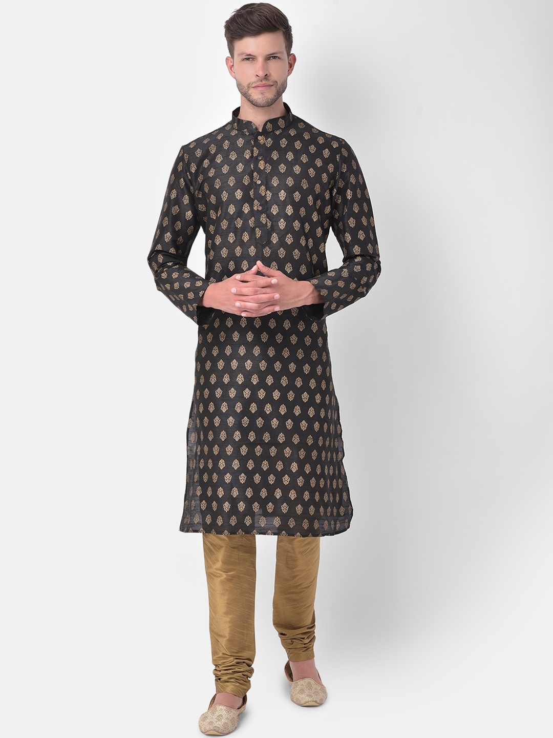 

DEYANN Men Black Ethnic Motifs Regular Dupion Silk Kurta with Churidar