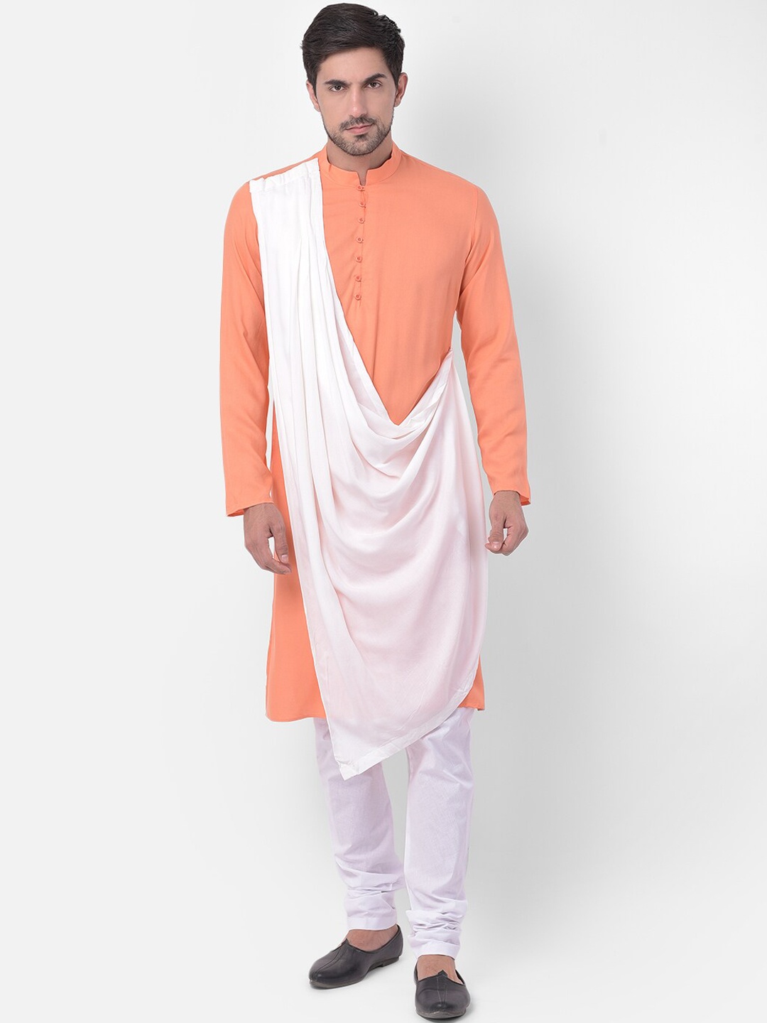 

DEYANN Men Peach-Coloured Regular Kurta with Churidar & With Dupatta