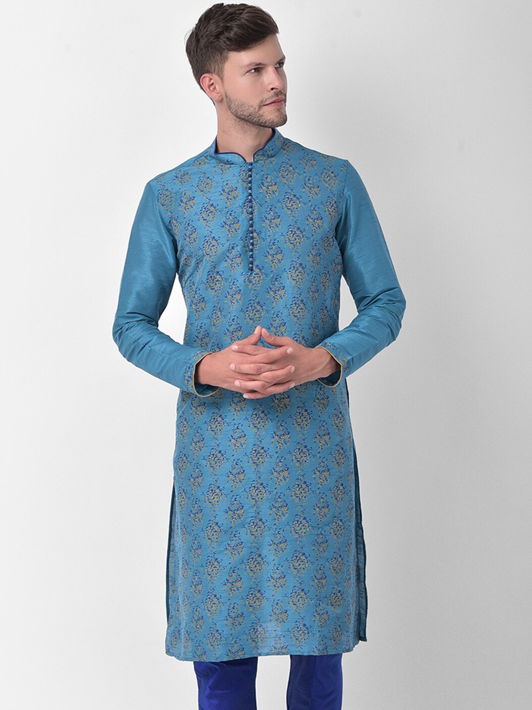 

DEYANN Men Blue Printed Regular Dupion Silk Kurta with Churidar