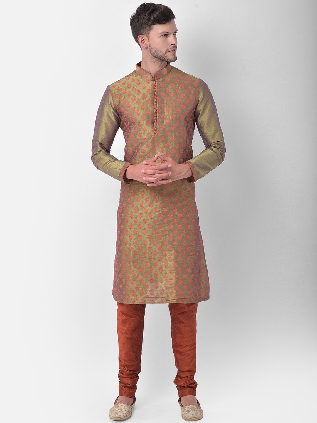 

DEYANN Men Green & Rust Ethnic Motifs Screen Printed Dupion Silk Kurta with Churidar