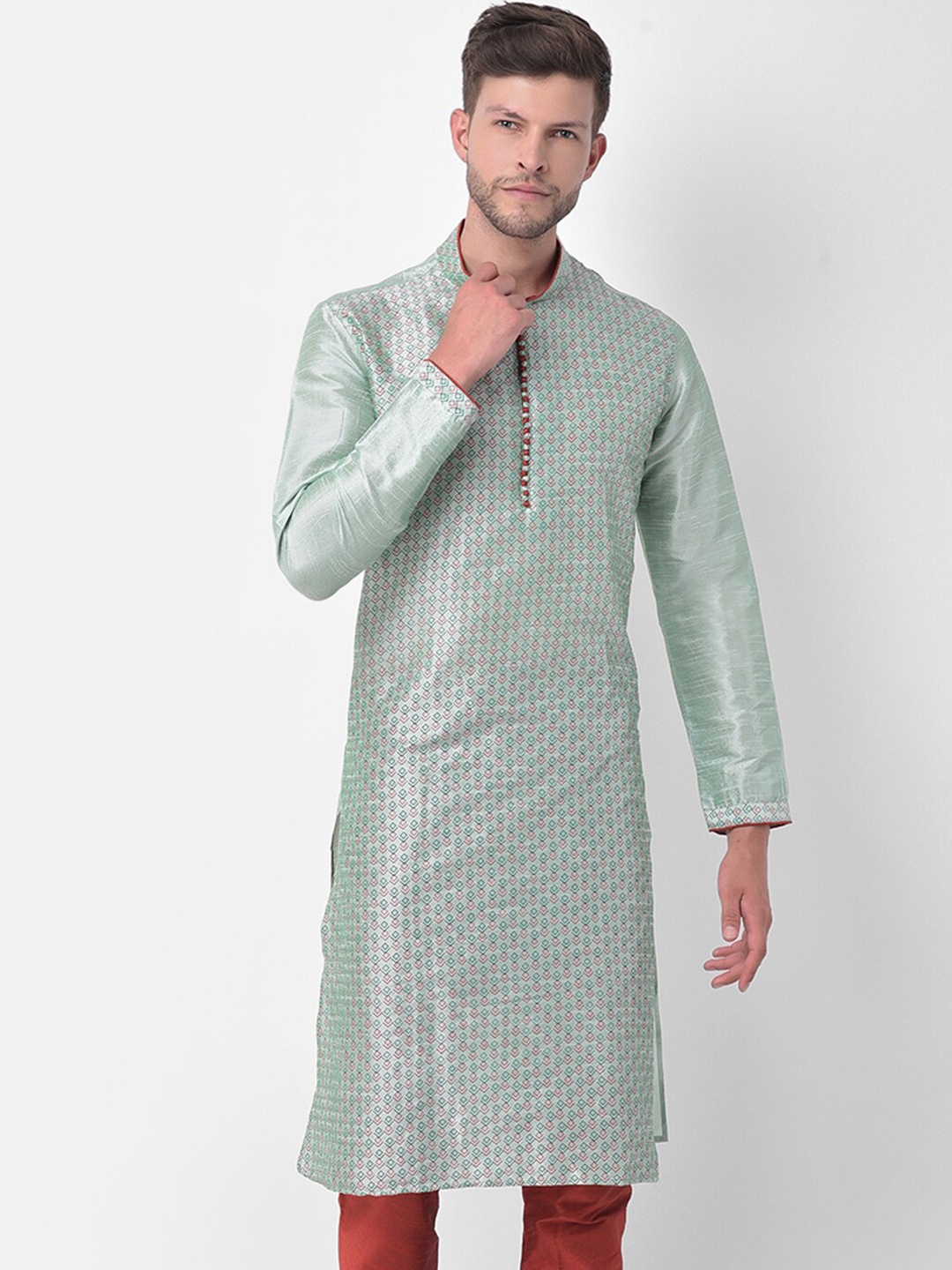 

DEYANN Men Green Printed Regular Dupion Silk Kurta with Churidar