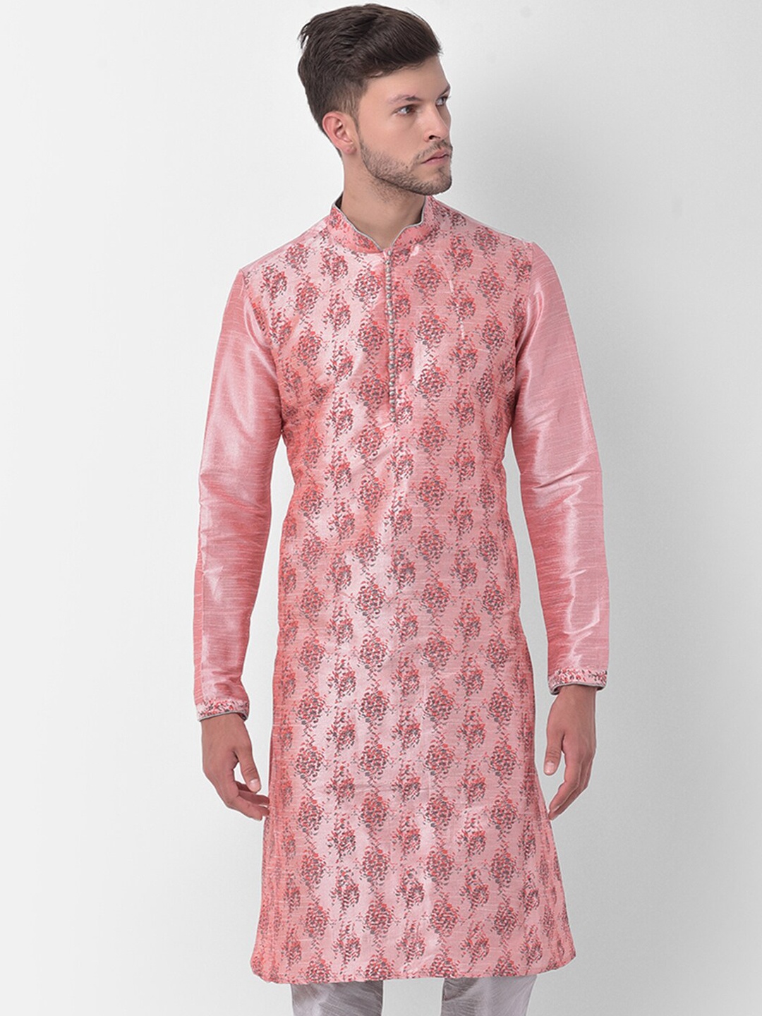 

DEYANN Men Peach-Coloured & Grey Printed Regular Dupion Silk Kurta with Churidar