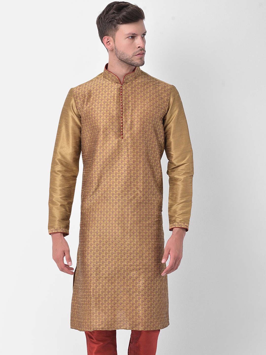 

DEYANN Men Brown & Maroon Ethnic Motifs Screen Printed Dupion Silk Kurta with Churidar