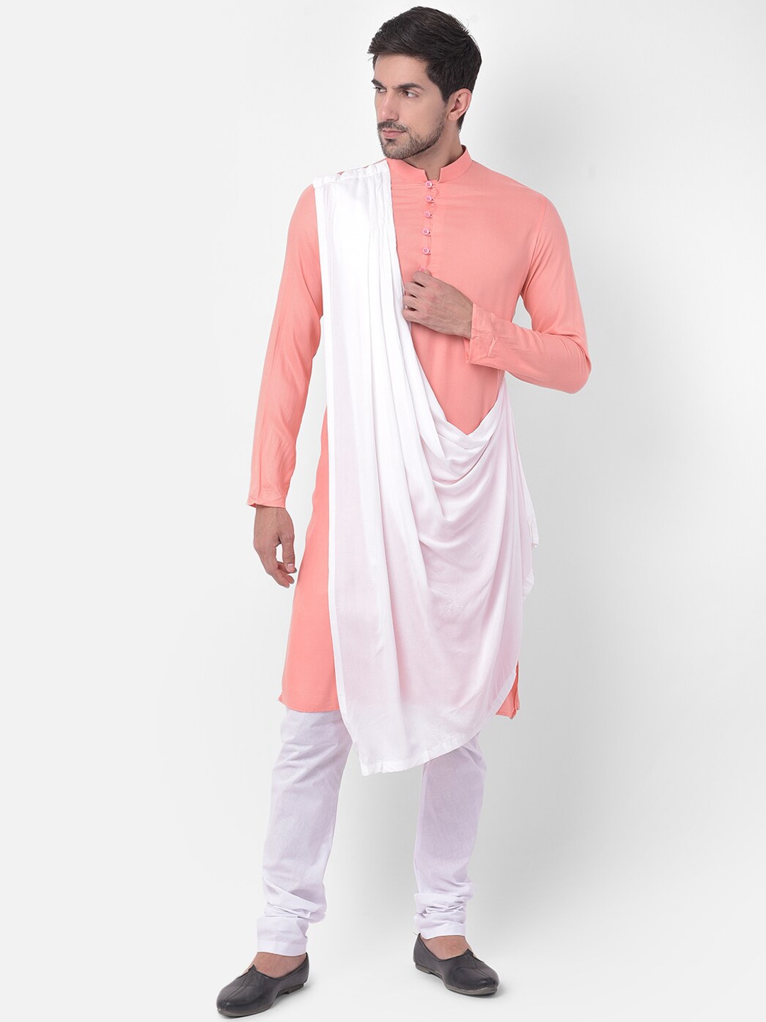 

DEYANN Men Pink & White Pleated Kurta with Churidar & With Dupatta