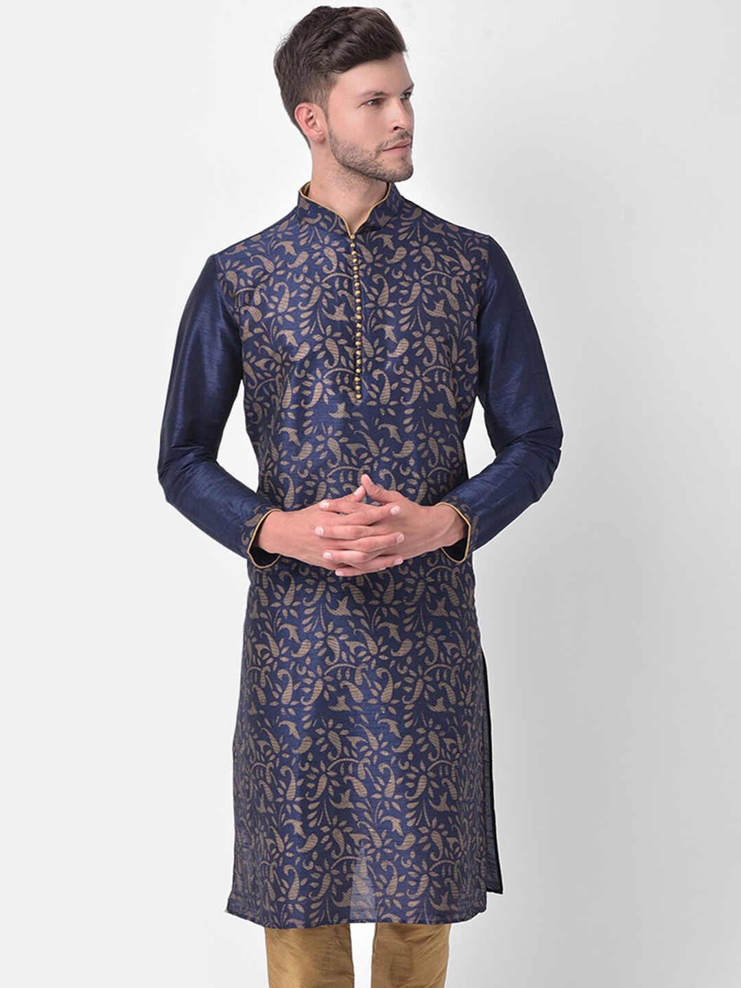 

DEYANN Men Navy Blue Embroidered Regular Dupion Silk Kurta with Churidar