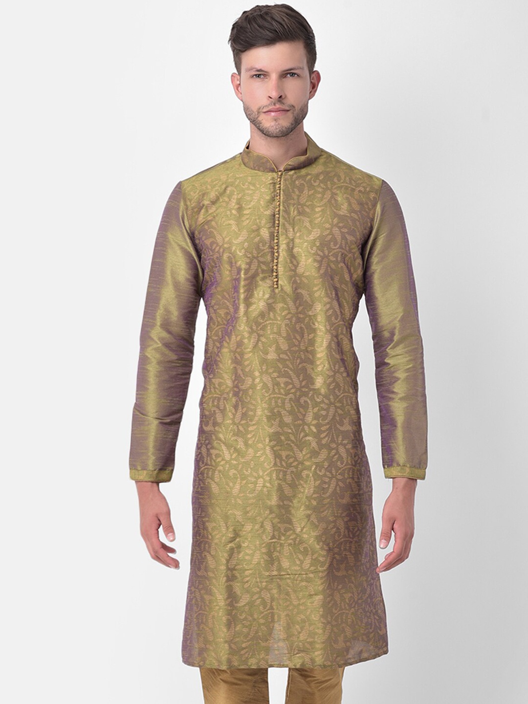 

DEYANN Men Green Ethnic Motifs Printed Dupion Silk Kurta with Churidar
