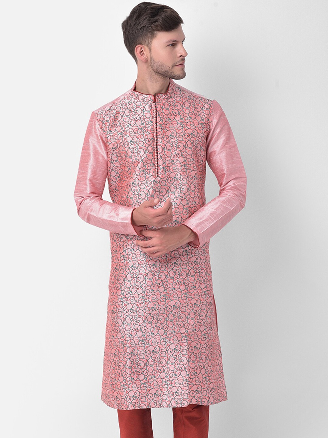 

DEYANN Men Peach-Coloured Regular Dupion Silk Kurta with Churidar