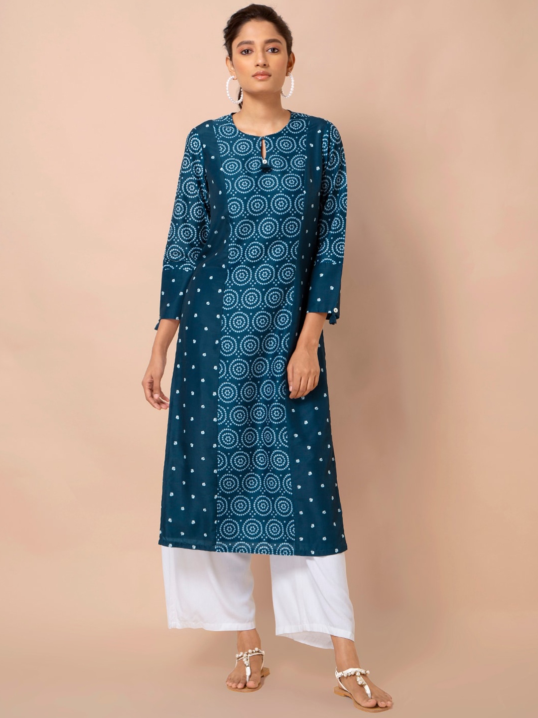 

INDYA Women Blue Printed Bandhani Straight Kurta