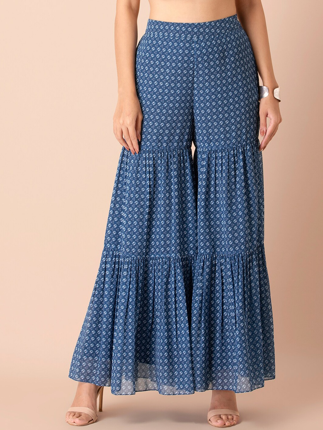 

INDYA Women Blue Printed Flared Knitted Ethnic Sharara