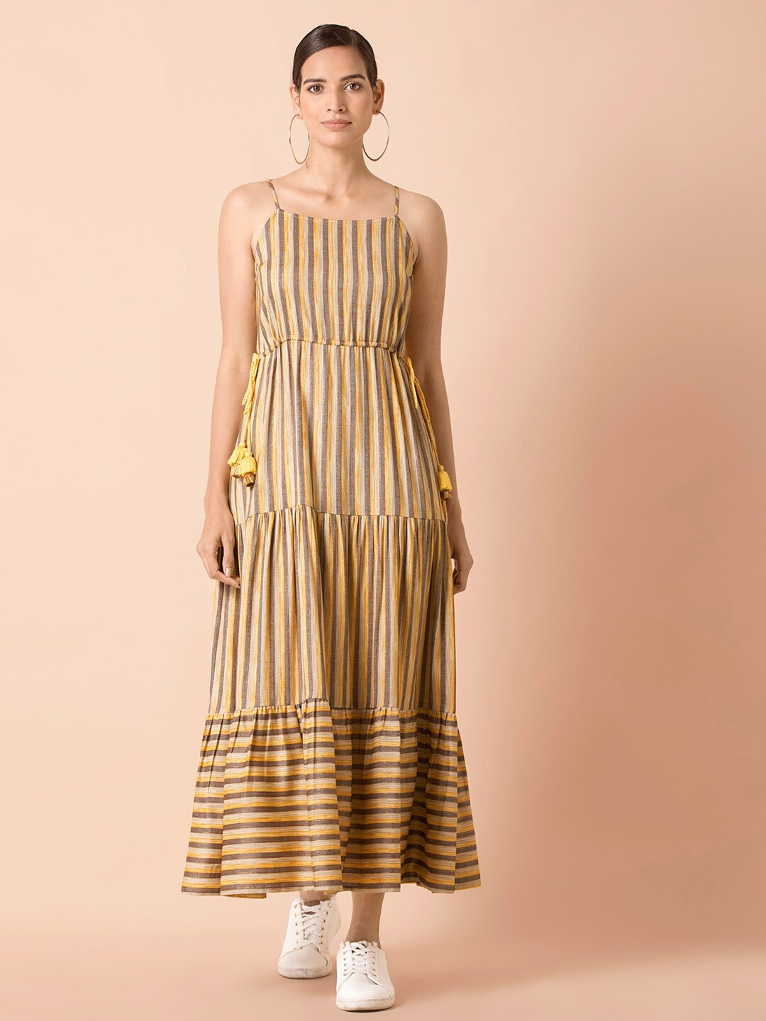 

INDYA Yellow & Grey Striped Strappy Tiered Maxi Dress