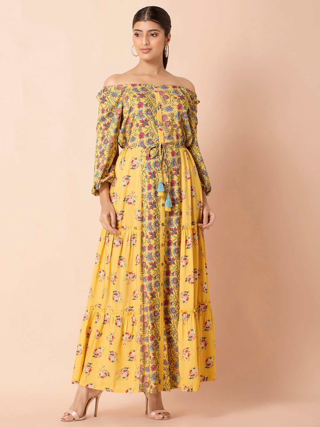 

INDYA Yellow & Pink Floral Printed Off-Shoulder Maxi Dress