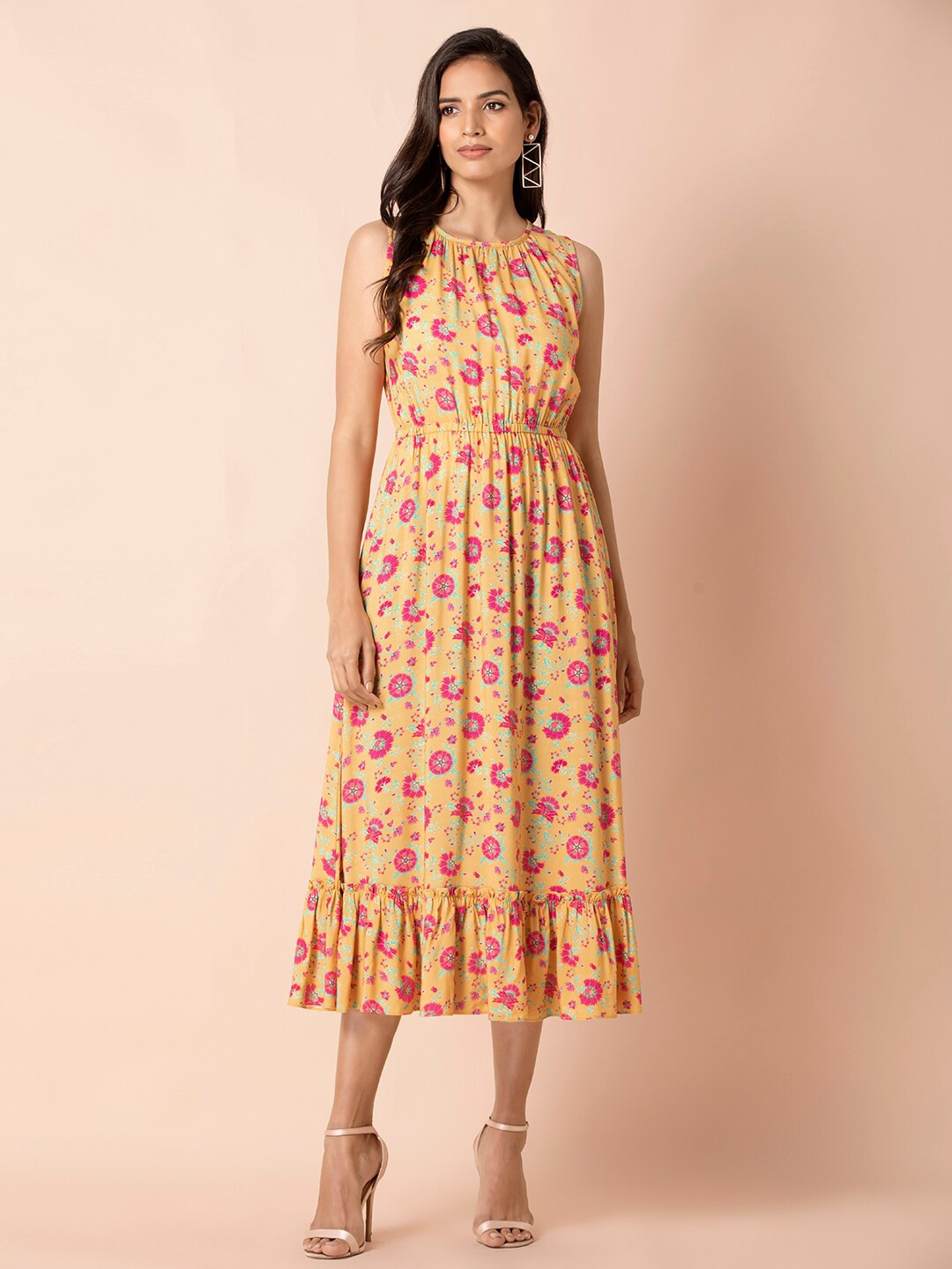 

INDYA Woman Yellow Floral Midi Dress