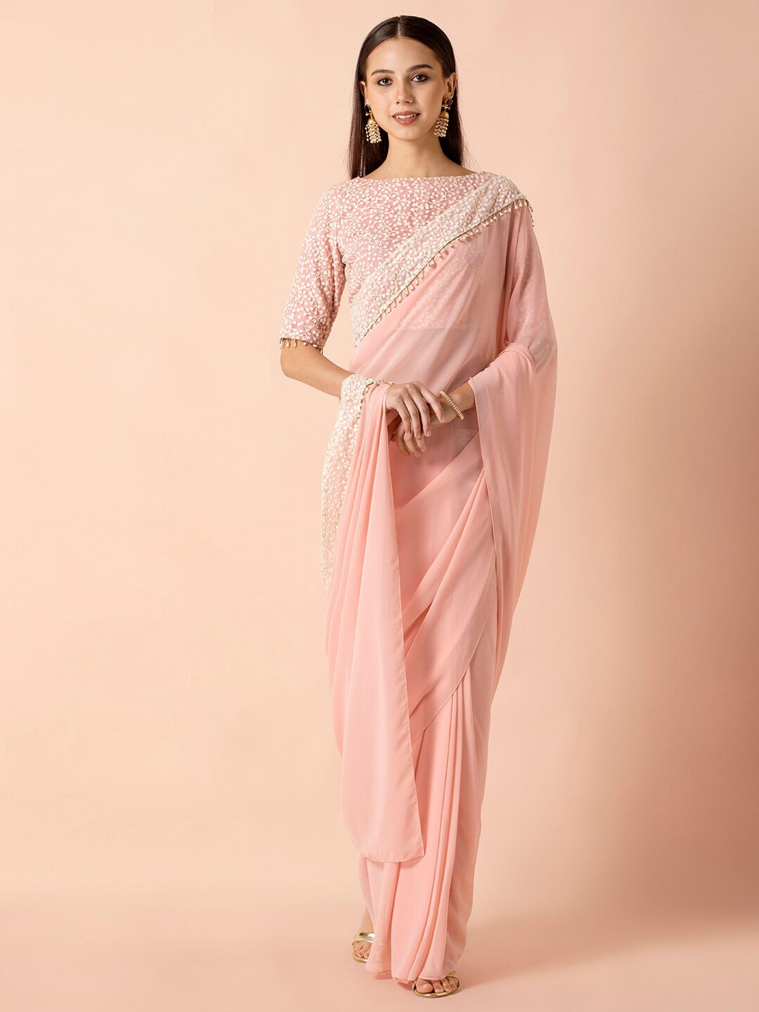 

INDYA Pink & White Ready To Wear Embroidered Saree