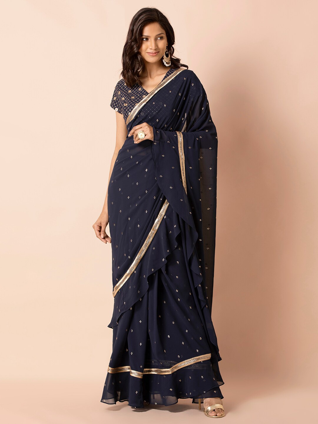 

INDYA Blue & Gold-Toned Embellished Sequinned Saree