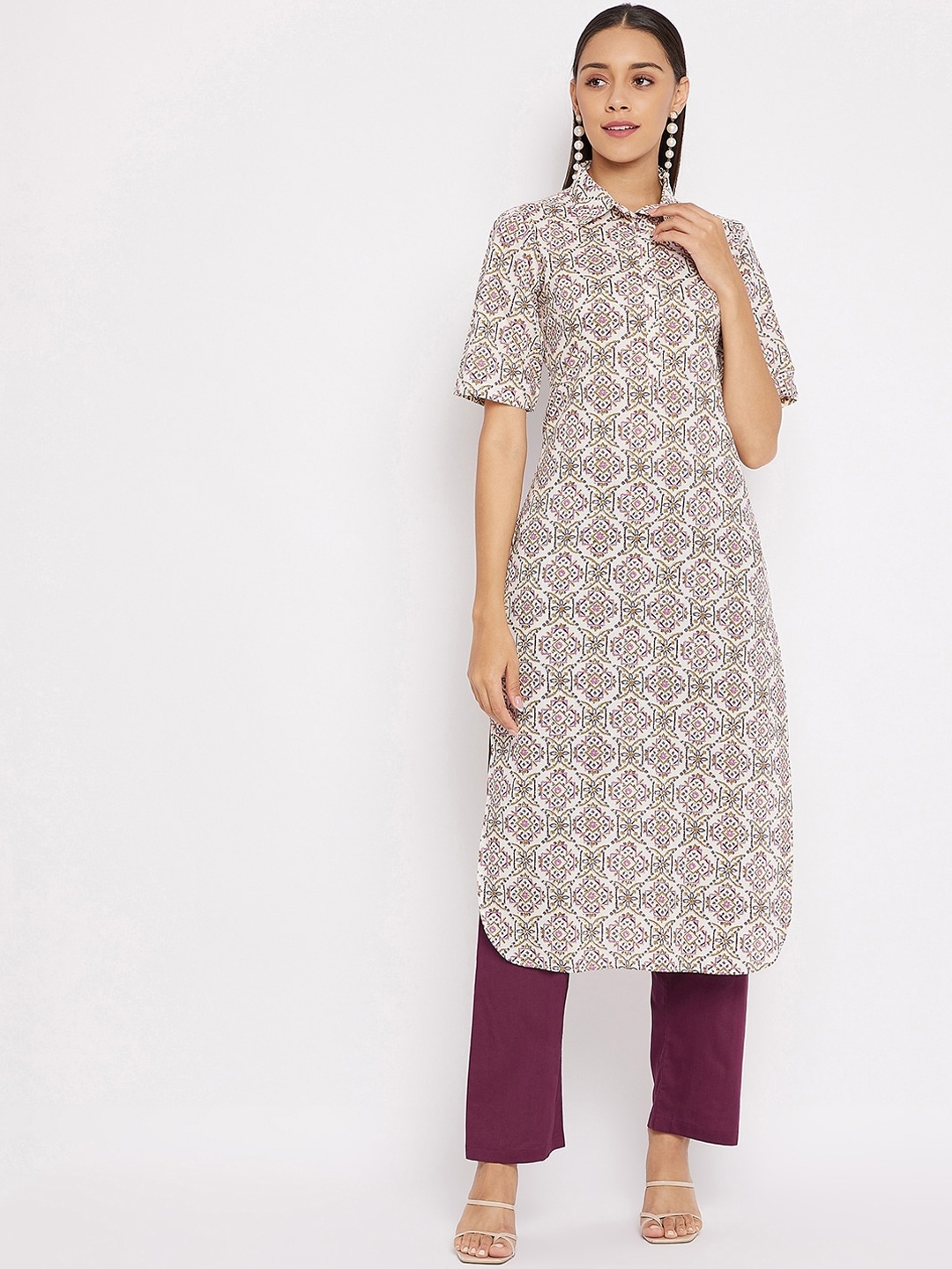 

Tissu Women White & Pink Ethnic Motifs Printed Pathani Kurta