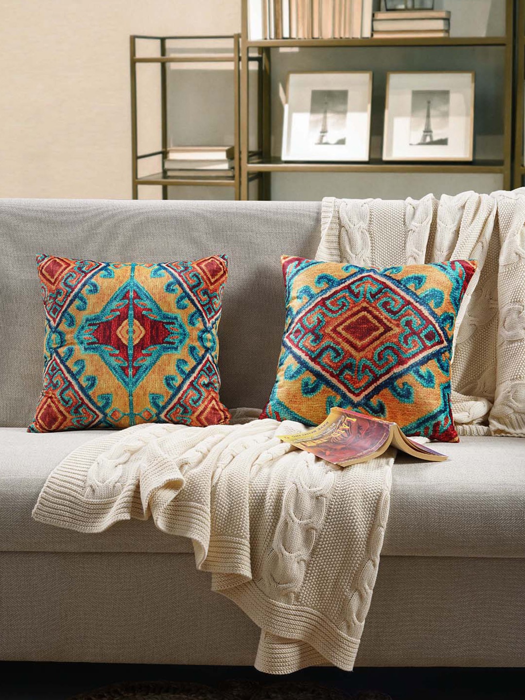 

SWAYAM Beige & Blue Set of 2 Ethnic Motifs Velvet Square Cushion Covers