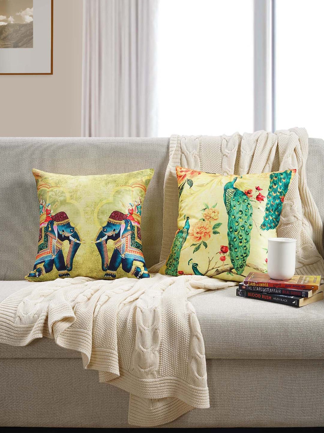 

SWAYAM Green & Yellow Set of 2 Abstract Square Cushion Covers