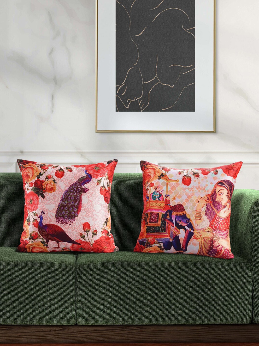 

SWAYAM Brown & Peach-Coloured Set of 2 Ethnic Motifs Square Cushion Covers