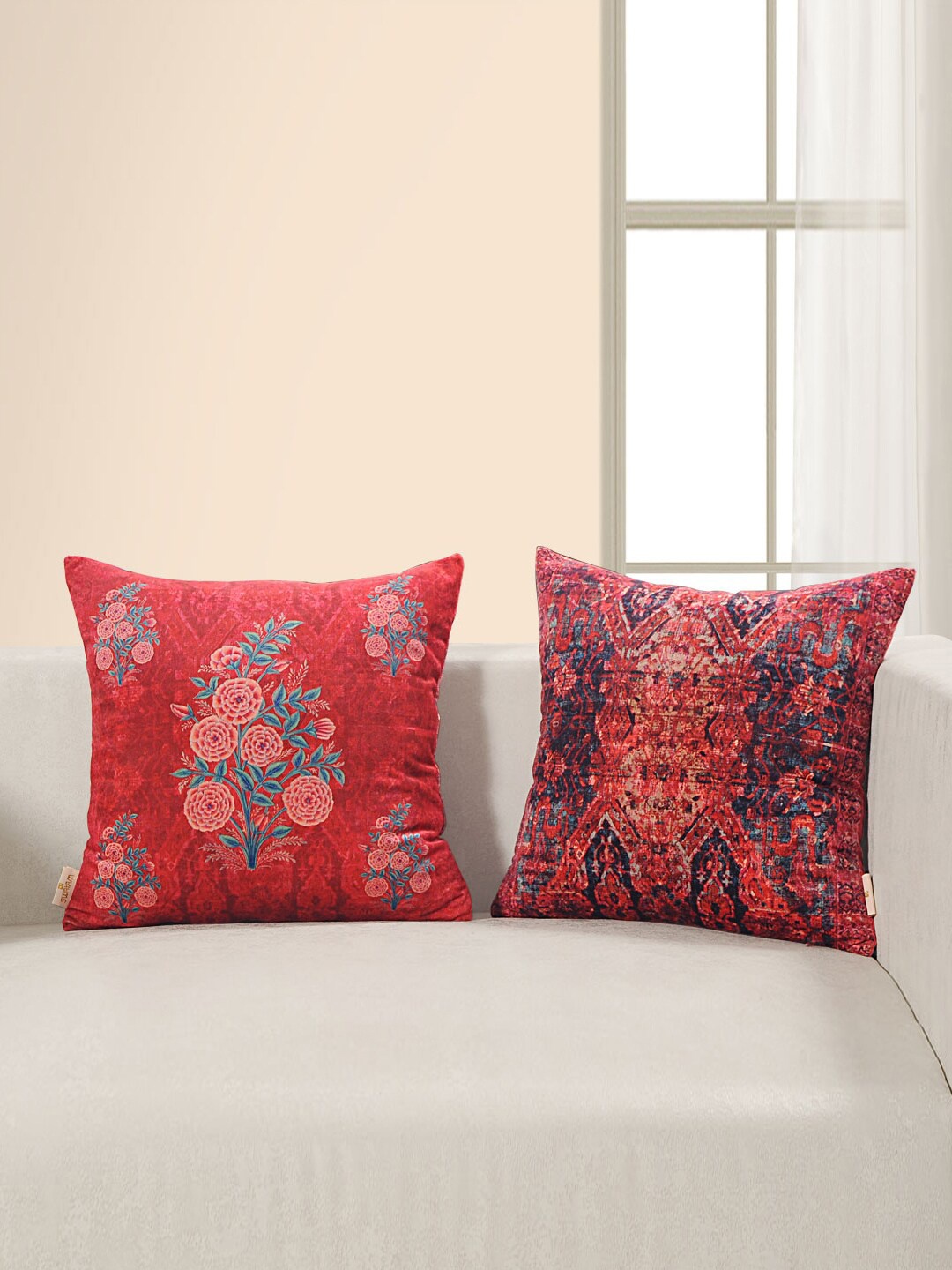 

SWAYAM Set of 2 Red & Blue Floral Velvet Square Cushion Covers