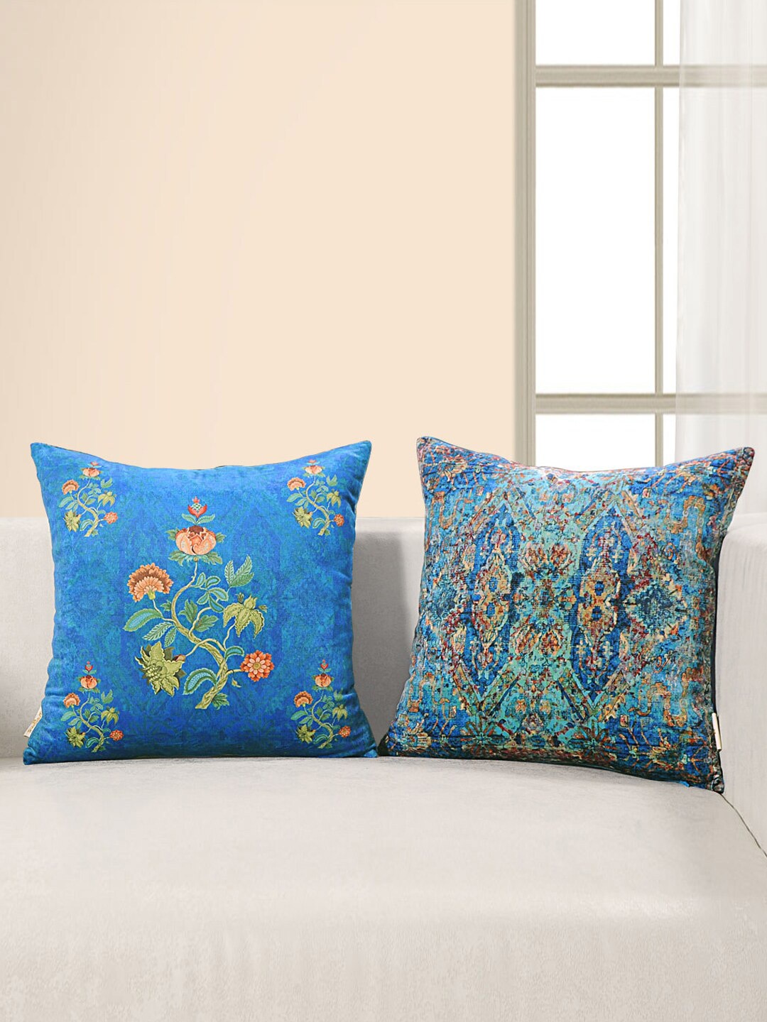 

SWAYAM Blue & Orange Set of 2 Ethnic Motifs Velvet Square Cushion Covers