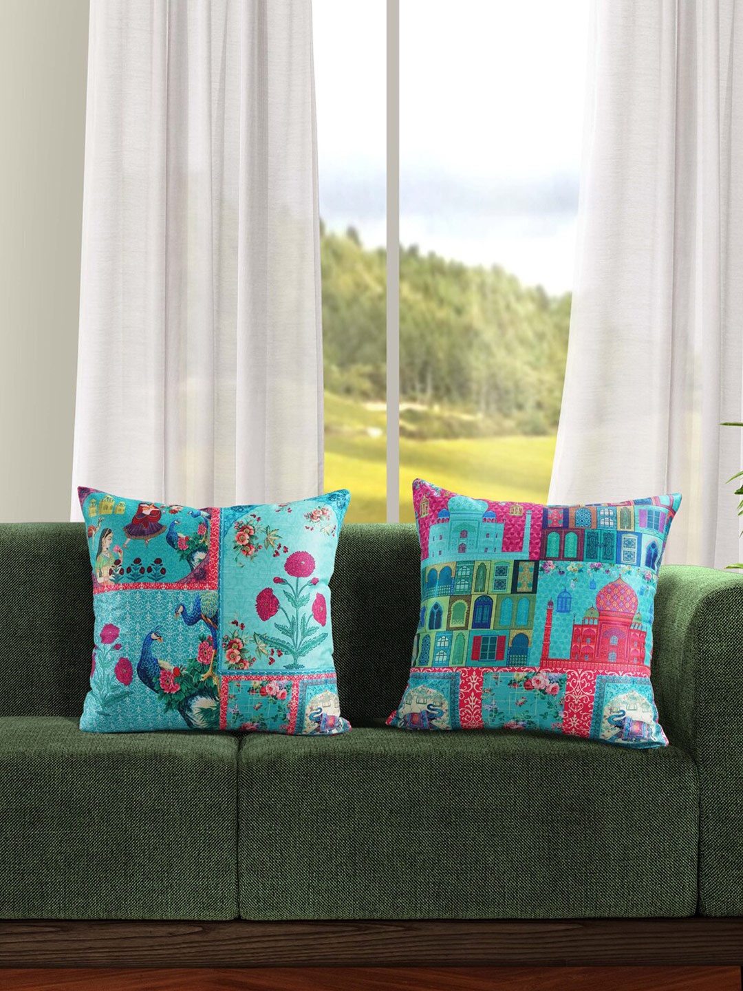 

SWAYAM Blue & Purple Set of 2 Ethnic Motifs Square Cushion Covers