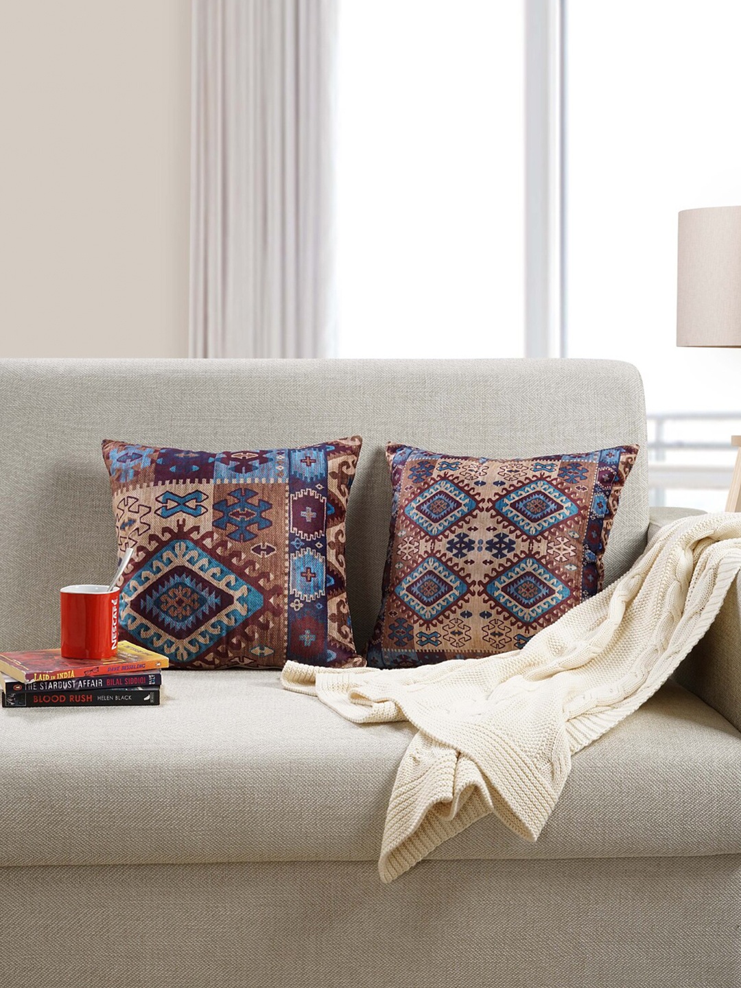 

SWAYAM Beige & Blue Set of 2 Ethnic Motifs Velvet Square Cushion Covers