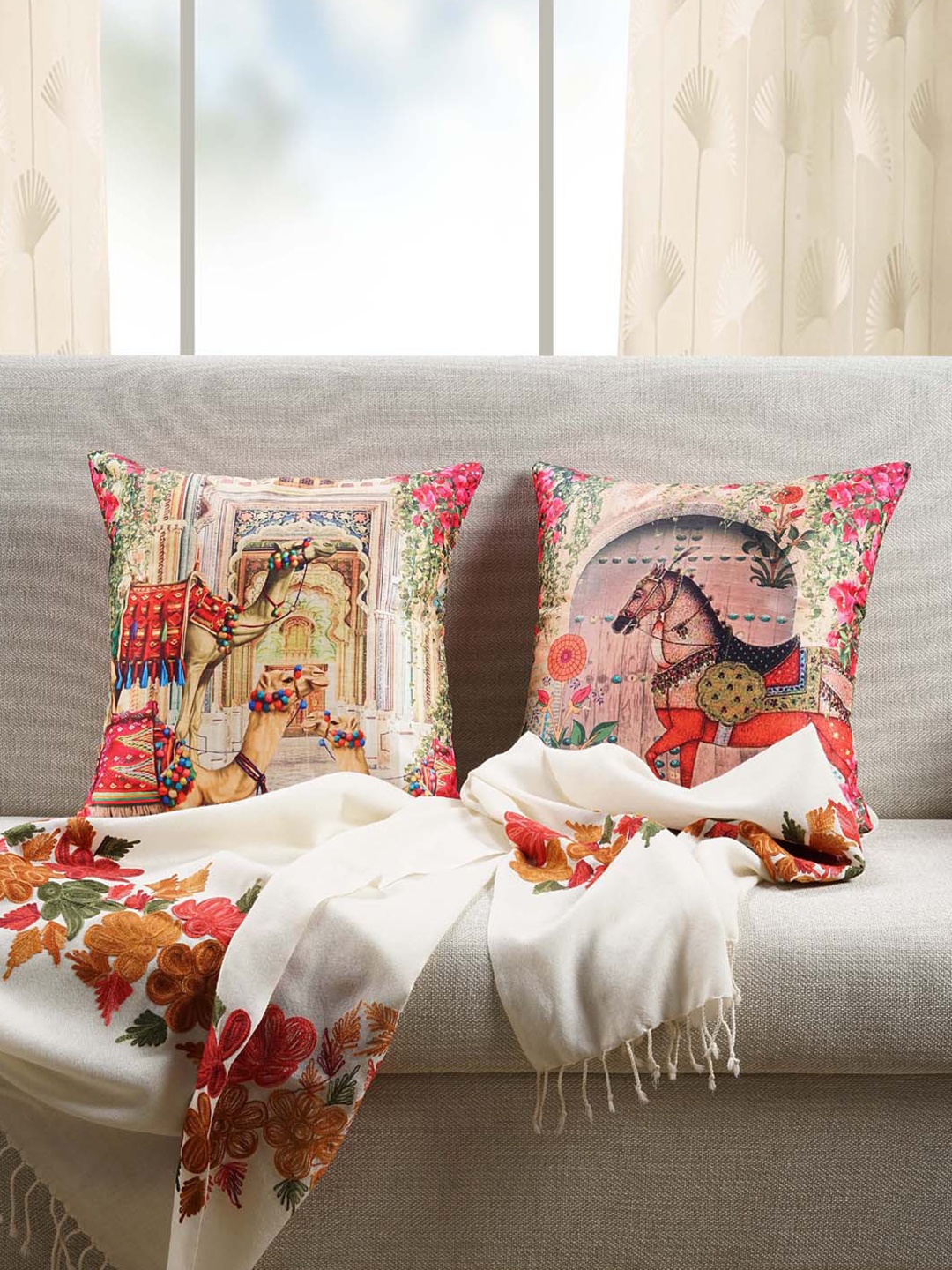 

SWAYAM Beige & Red Set of 2 Ethnic Motifs Square Cushion Covers