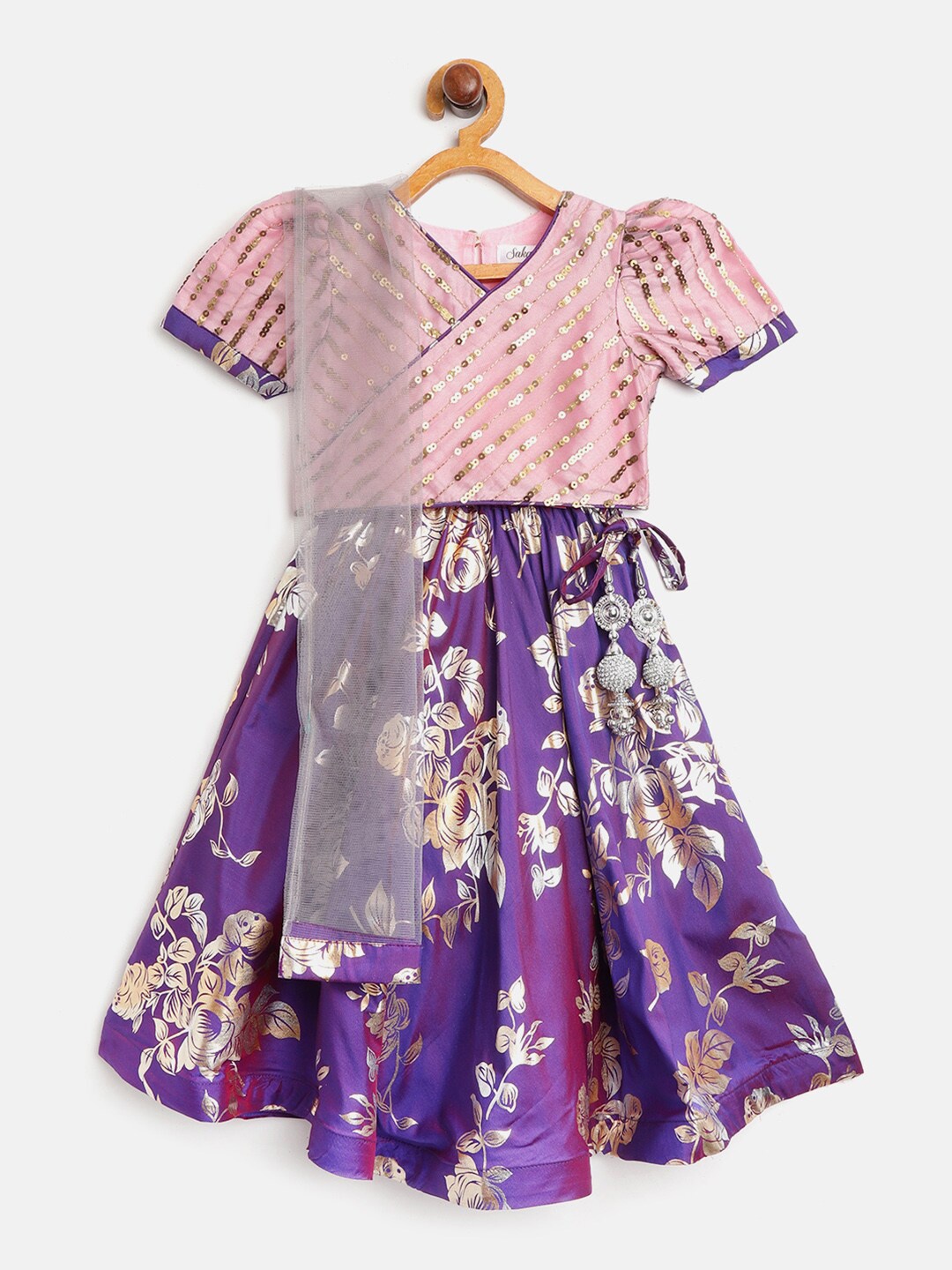 

SAKA DESIGNS Girls Peach & Purple Embellished Foil Print Ready to Wear Lehenga & Blouse