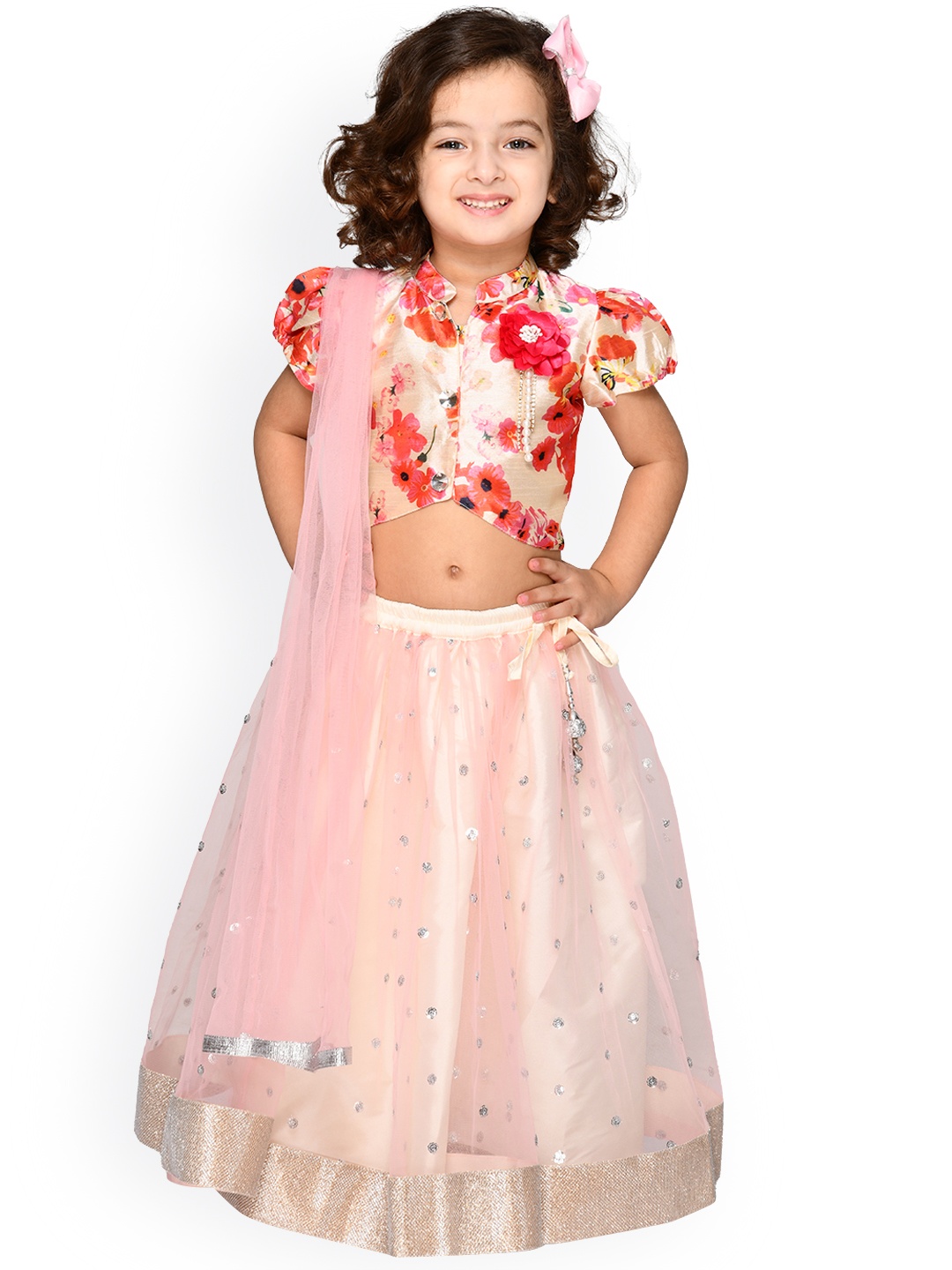 

SAKA DESIGNS Girls Pink & Red Printed Ready to Wear Lehenga & Blouse With Dupatta