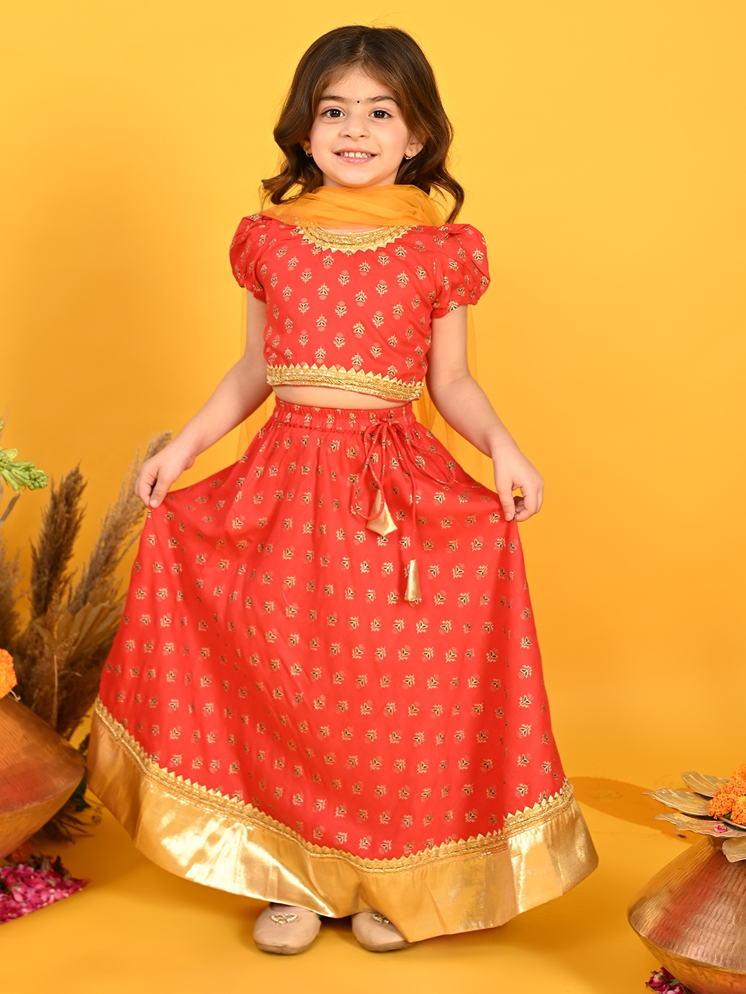 

SAKA DESIGNS Girls Red & Yellow Printed Ready to Wear Lehenga & Blouse With Dupatta