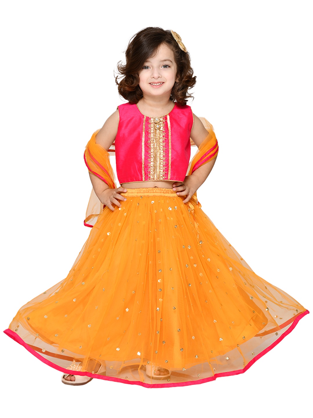 

SAKA DESIGNS Girls Pink & Orange Embellished Ready to Wear Lehenga & Blouse, Dupatta