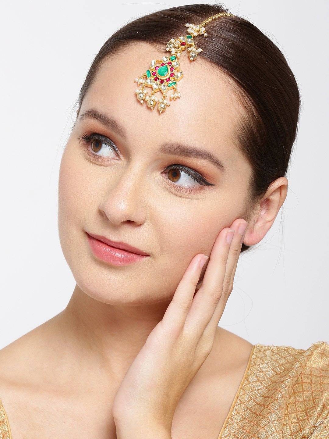 

Priyaasi Gold-Plated Pink & Green Kundan Studded Floral Handcrafted Maang Tikka