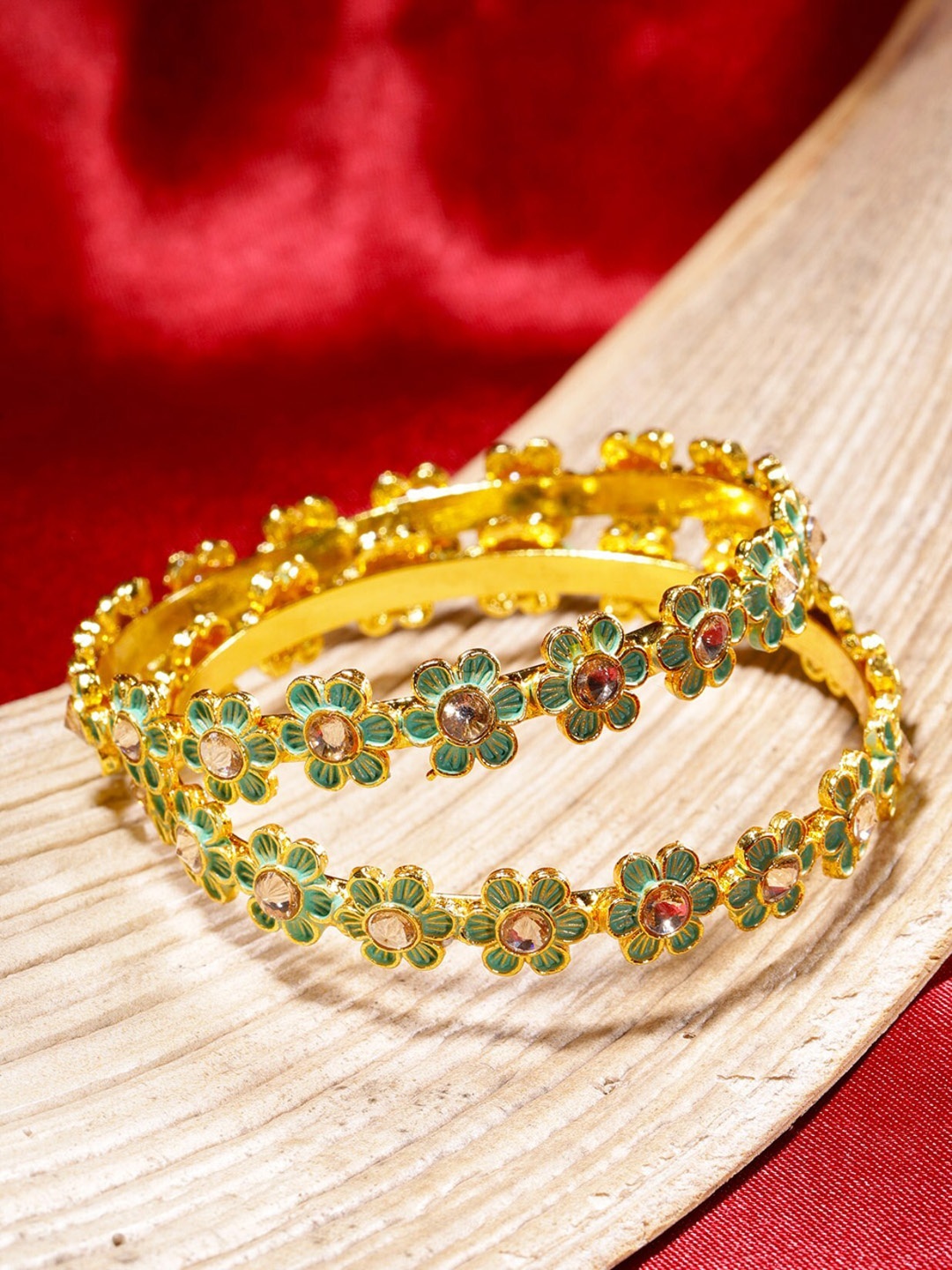 

Priyaasi Set Of 2 White & Green Gold-Plated Stone Studded Floral Bangles