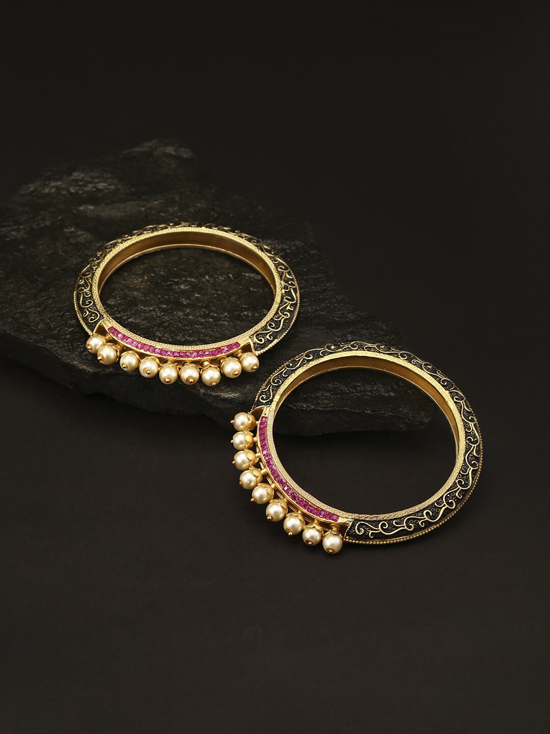 

Priyaasi Set Of 2 Gold-Plated White Stone-Studded Pearls Meenakari Bangles