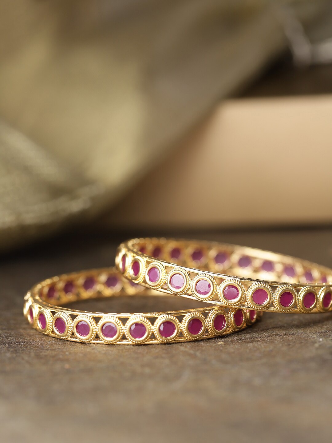 

Priyaasi Set Of 2 Gold-Plated Pink Stone-Studded Meenakari Bangles