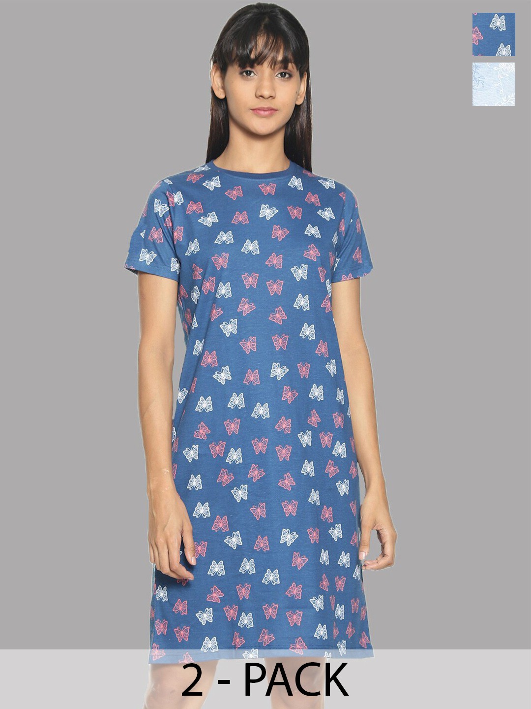 

Kryptic Pack of 2 Printed Pure Cotton T-shirt Nightdress, Blue