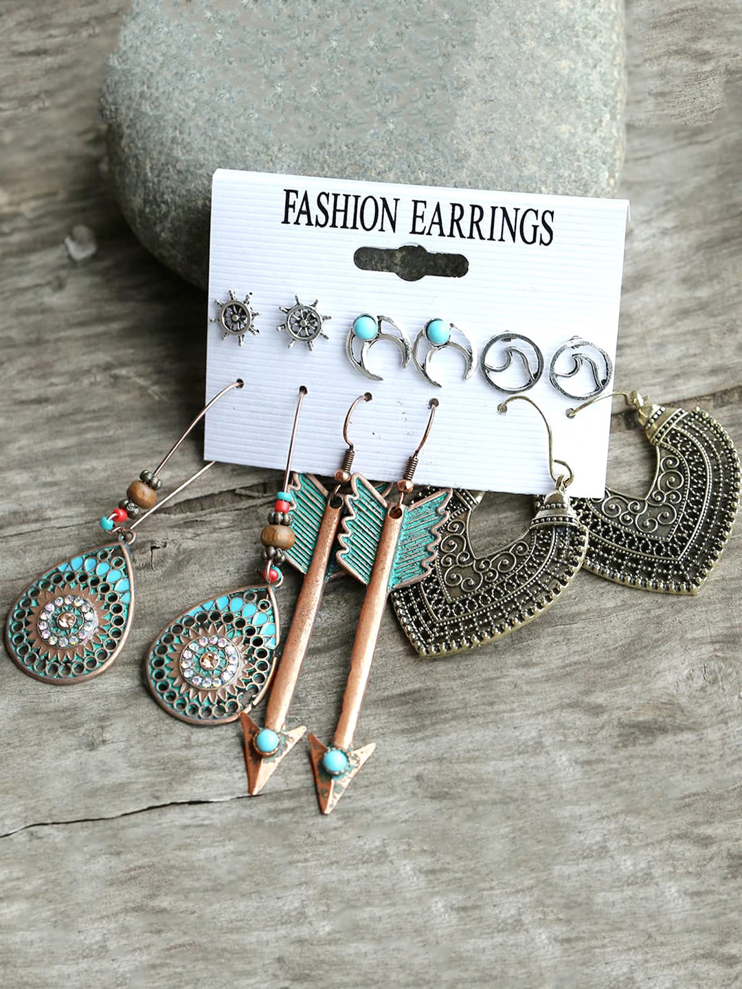 

Yellow Chimes Set of 6 Silver-Plated & Bronze-Toned Classic Drop Earrings