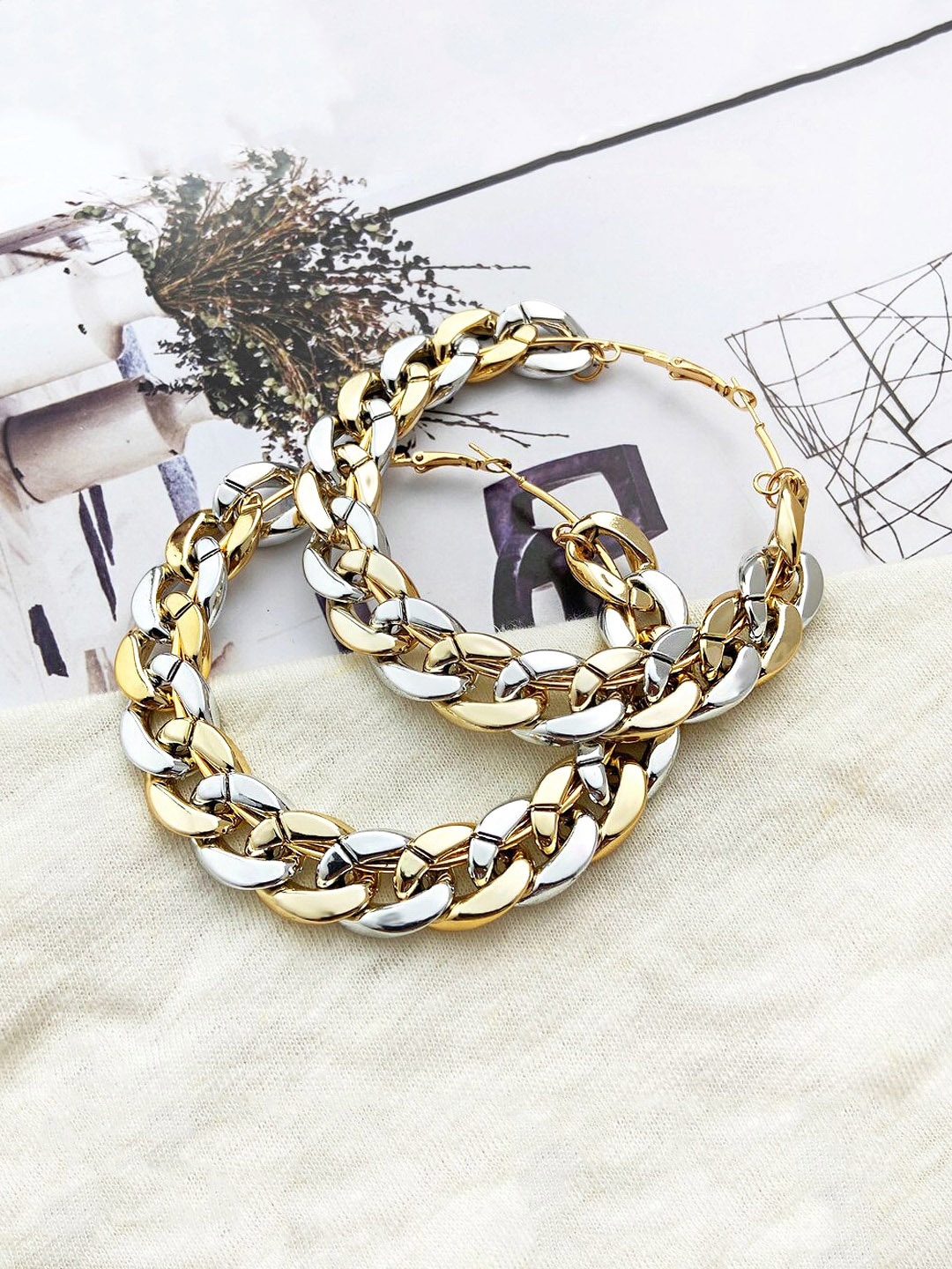 

Yellow Chimes Woman Silver Dual -toned Western Style Link Chain Circular Big Hoop Earrings