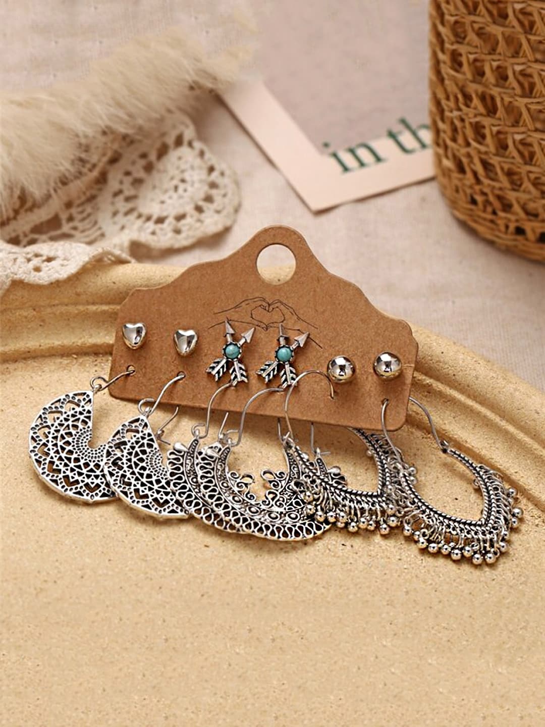 

Yellow Chimes Set of 6 Silver-Toned Classic Studs & Drop Earrings