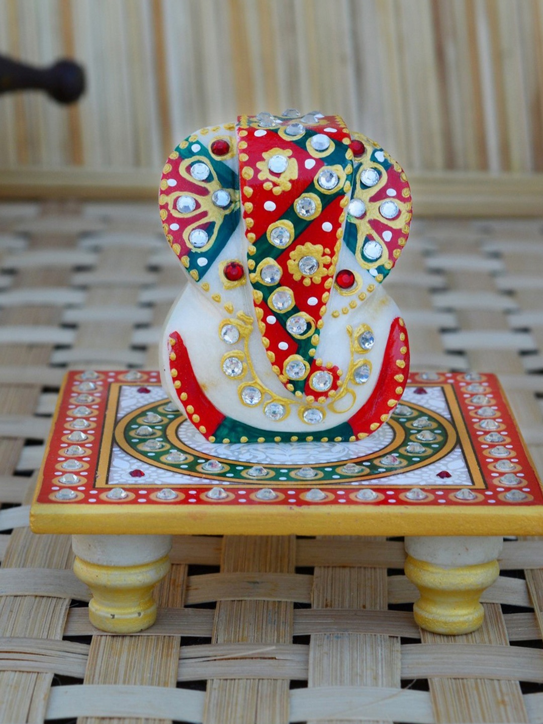 

eCraftIndia Red & Green Marble Lord Ganesh Idol Showpiece with Chowki