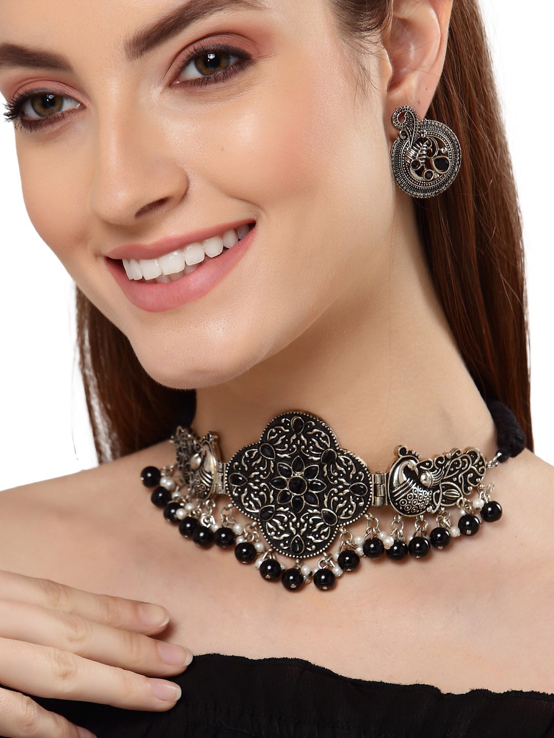 

Shining Diva Oxidised Silver-Plated & Black Crystal-Studded Traditional Jewellery Set