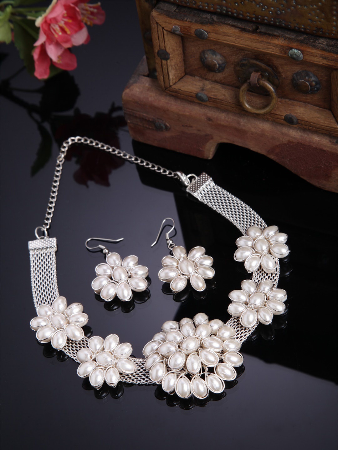 

Shining Diva Oxidised Silver-Plated White Pearls Beaded Jewellery Set