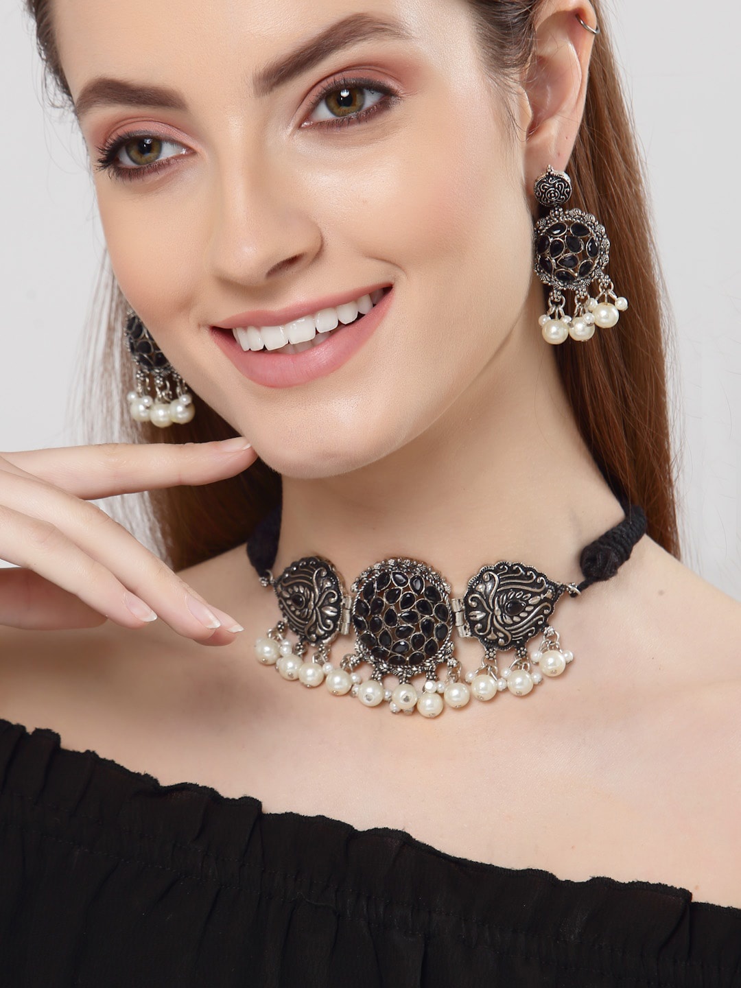 

Shining Diva Silver-Plated & Black Crystal-Studded Oxidised Jewellery Set