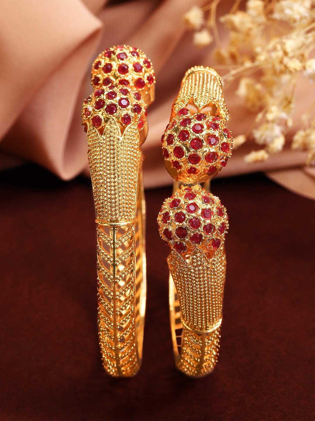 

Rubans Set Of 2 Gold-Plated Red Stone-Studded Handcrafted Bangles